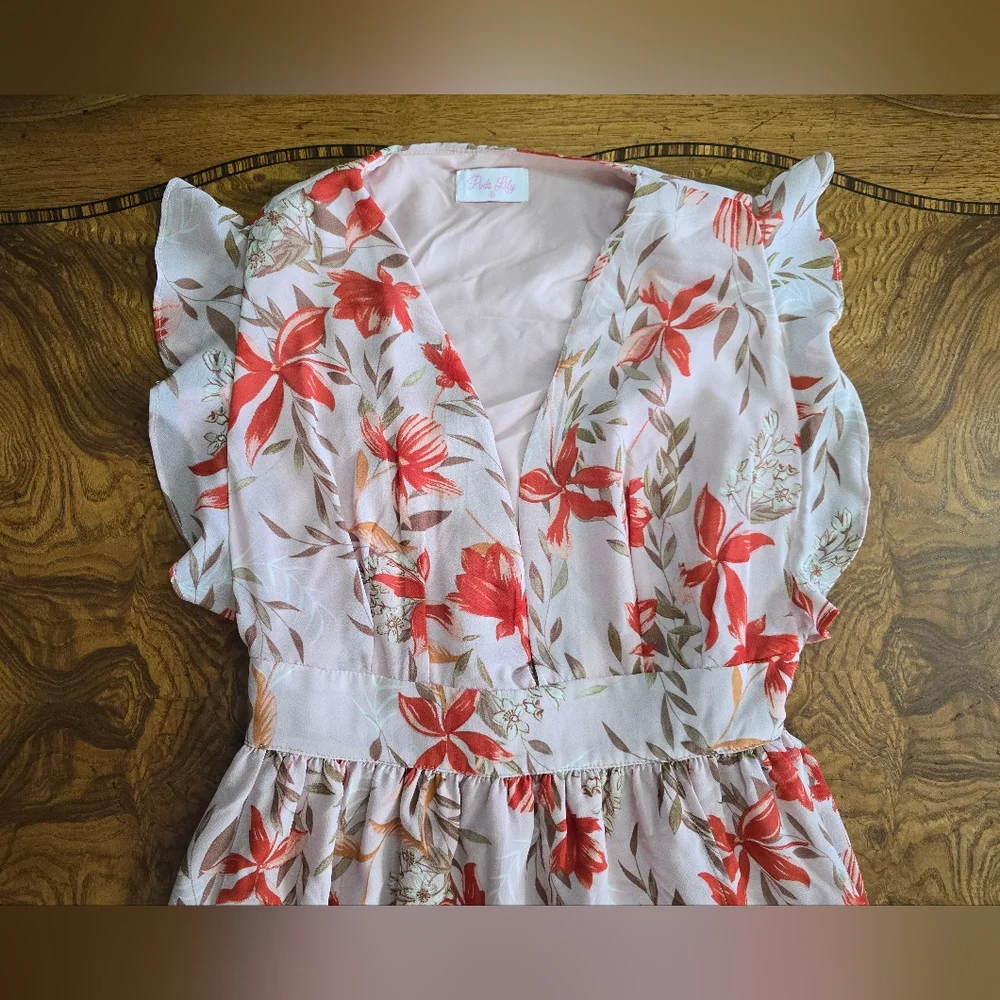 Pink Lily Floral Ruffle Sleeve Faux Wrap Womens Maxi Dress, Size Medium - Picture 2 of 11